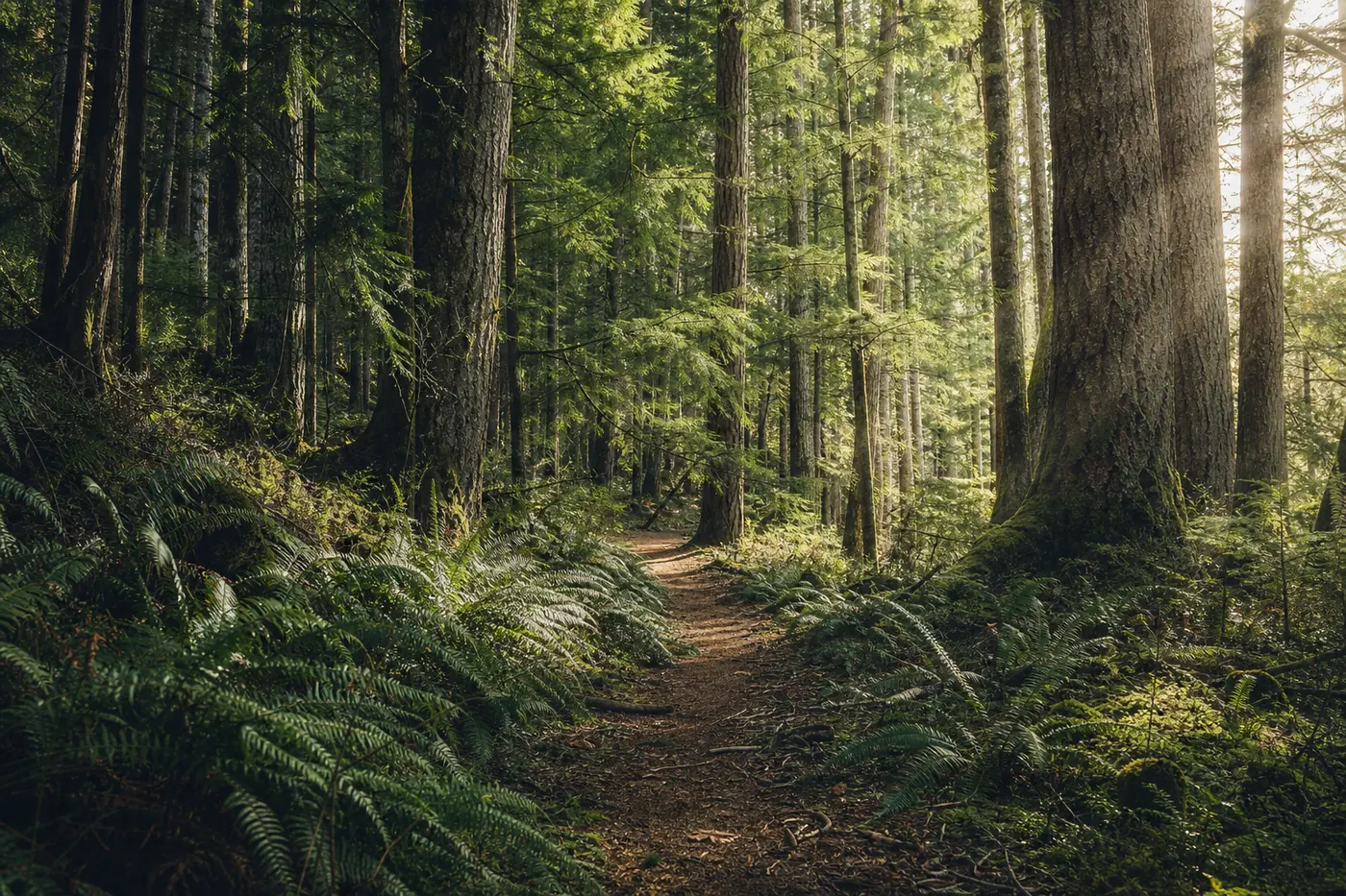 Sentier entre les fougères sous les grands arbres